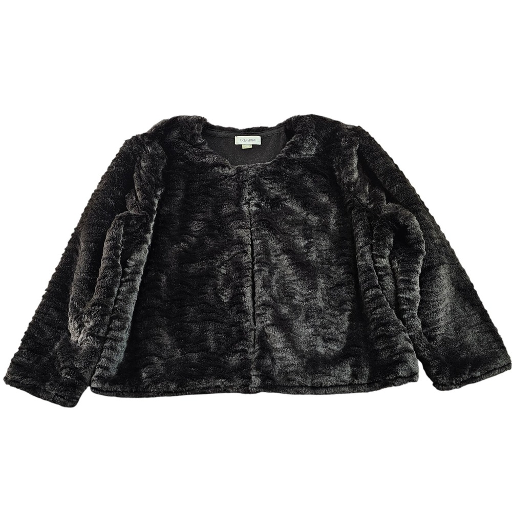 Calvin‎ Klein Faux Fur Jacket Women's L Black Crop Soft Long Sleeve Hook & Eye